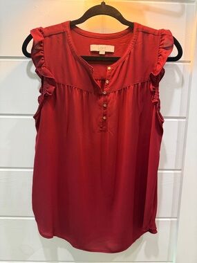 LOFT Red Blouse Shell, Ruffle Sleeve, Gold Button Detail, Women’s Medium